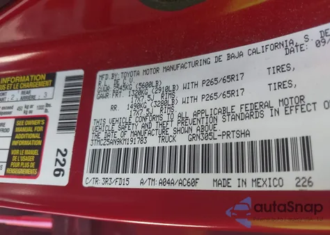 2019 Toyota Tacoma Double Cab/Sr/Sr5/Trd Sport/Trd Off Road/Trd Pro z USA, uszkodzony, nr VIN 3TMCZ5AN9KM191783